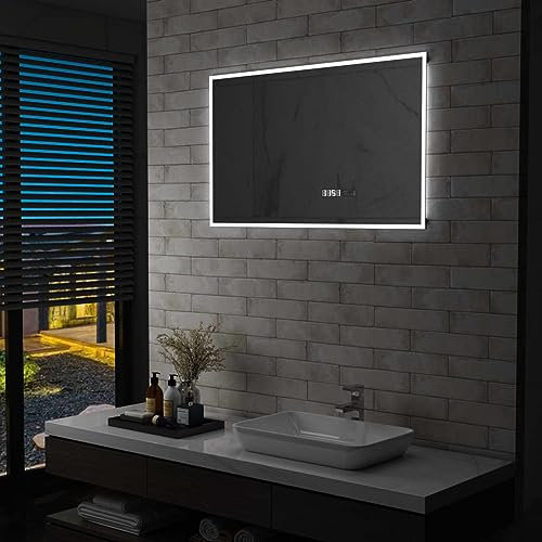 Homgoday LED-Spiegel für Badezimmer mit Touch-Sensor und Uhr, 100 x 60 cm, Badezimmerspiegel, Vanity Spiegel, Badezimmerspiegel