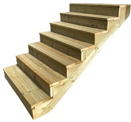 Außentreppe Holz, 2 bis 7 Stufen, fertiges Set, Gartentreppe aus Holz, für Garten, Balkon und Terrasse (7 Stufen mit Setzstufen, 160cm)