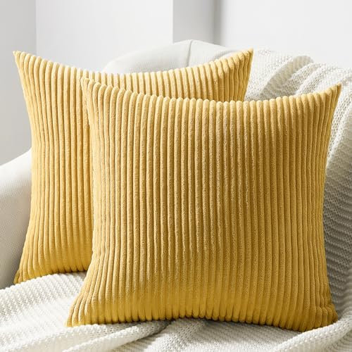 Topfinel Kissenbezug 50x50 Kordsamt 2er Set Gelb gestreiftes Muster Kissenbezüge Kissenhülle Dekokissen Sofakissen Couchkissen Dekokissen Zierkissenbezug Deko Kissenhüllen Wohnzimmer Schlafzimmer