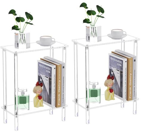 Bkemiy Schmaler Beistelltisch aus transparentem Acryl 2er-Set kleine Räume 40 cm L x 20 cm B x 50,3 cm H 2-stöckiger rechteckiger schmaler Beistelltisch Nachttisch kleiner Nachttisch JJ0006-2P