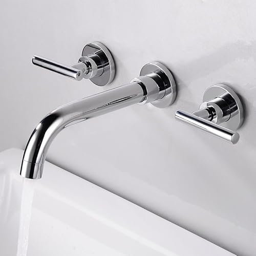 XJTNLB Grifo Lavabo Pared Tres Grifos para Lavabos de Baño Rotación de 360° Doble Asa Cromo,Asa En Un