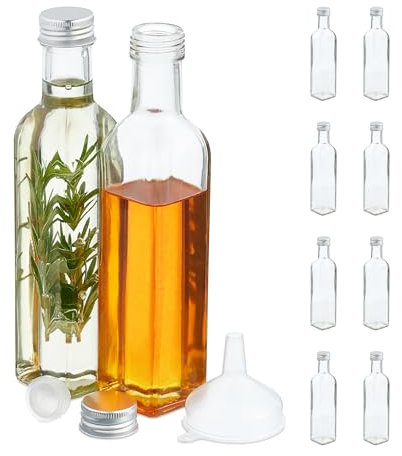 Relaxdays Flaschen zum Befüllen, 10er Set, leere Glasflaschen, für Likör, Öl, Saft, Schnapsflaschen, 250 ml, transparent