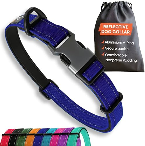 Strong Dog Collar Medium Dogs – Reflective Padded Dogs Collars- Adjustable - Safety Metal Buckle, Aluminium V-ring. Nautical Navy Blue