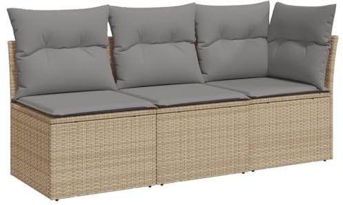 vidaXL Gartensofa mit Kissen 3-Sitzer, Sofa mit Staufach unter Sitzfläche, Terrassensofa mit abnehmbarem waschbarem Bezug, Gartenmöbel Terrassenmöbel, Beige Poly Rattan