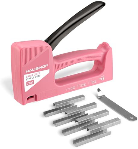 HAUSHOF Handtacker Tackerpistole Pink, Polsterung Heftpistole Holztacker für Klammern Typ 53, mit 800 Klammern 8mm und Klammerentferner für Holz, Stoff, Möbel