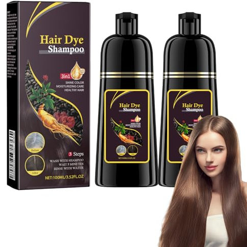 Dyceittdia 2pcs Champú Tinte, Champú tinte instantáneo, 3 en 1 Instantáneo Champú para el Cabello Negro, Hidratación Capilar, Champú limpiador y Reparador, marrón,2pcs*100ml, hair4