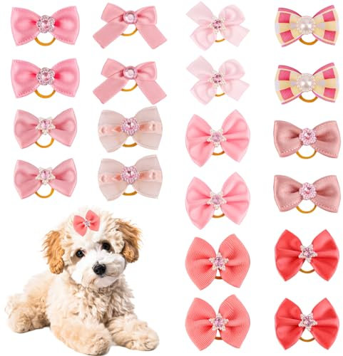 PEUTIER 20pcs Small Dog Hair Bows with Rubber Band, Elastic Puppy Pink Hair Clip Multiple Style Hairband Dog Hair Tie Handmade Cute Grooming Girl Yorkie Dog Hair Accessories for Holiday Pet Supplies