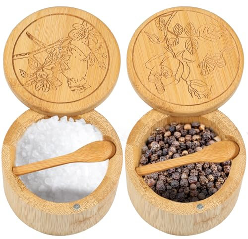 Bamboo Salt and Pepper Bowls Pepper Salt Cellar with Swivel Lid & Mini Spoon Seasoning Salt Bowl Salt and Pepper Storage Box Multipurpose Seasoning Container for Table Salt Sugar Herbs
