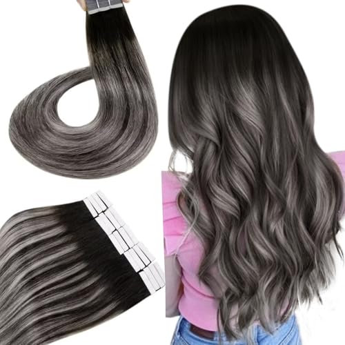 Hetto Tape Extensions Echthaar Schwarz Tape in Extensions Echthaar 50 cm Balayage Schwarz to Silver Seidig Gerade Invisible Tape Klebe Remy Haarverlangerung 20pcs 50g #1b/s/1b