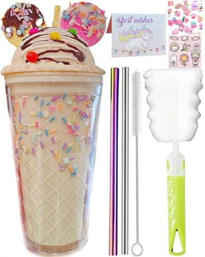 seelucky Gobelet de voyage licorne avec paille - Tasse en plastique pour chocolat, lait, café - Tasse en plastique pour pique-nique, fête, cadeau d'anniversaire (crème glacée, biscuit, oreille jaune,