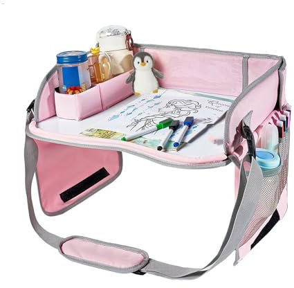 PERZOE Bandeja para Asiento de automóvil,Bandeja Viaje automóvil niños,Esenciales por Carretera niños pequeños con Kit Dibujo,Bandeja Regazo pequeños,Bandeja Mesa Rosado