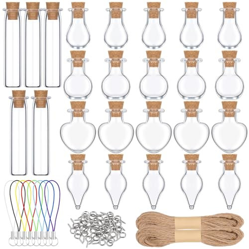 Mardatt 25PCS 5 Shapes Mini Glass Bottles with Cork Stopper, Mini Glass Vials Tiny Jars with Eye Screws, 10m Twine, Colored Lanyards for DIY Wedding Favors Halloween Decoration