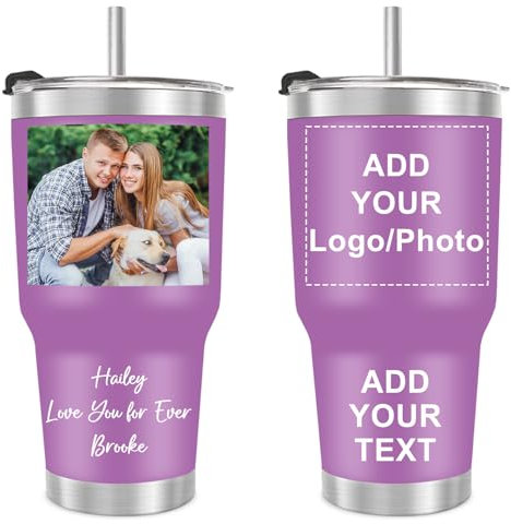 Greatabox Thermobecher Personalisiert mit Bildern Text Names, Individuelles Foto Personalisierter Kaffeebecher mit Strohhalm und Deckel-Edelstahl Reise Isolierbecher 30 Oz/890 ml