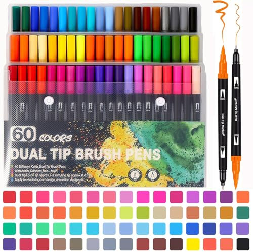 Yalixuan Dual Brush Marker, 60 Colors Brush Markers for Sketching DIY Projects, Journaling,Colouring Pens for Adults Colouring Books,Alcohol Markers for Students