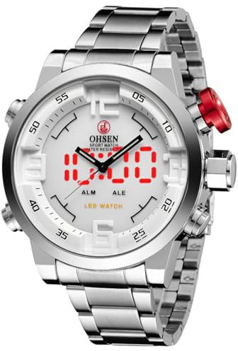 Alienwork DualTime Analog-LED Armbanduhr Herren Damen Silber Edelstahl Metallarmband Kalender Weiss Multi-Funktion Multi Zeitzonen