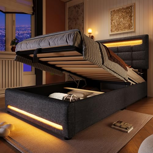 Polsterbett Einzelbett 90x200, LED Jugendbett Hydraulisch Stauraumbett mit Stauraum & Lattenrost, Kopfteil mit USB Ladefunktion, Bettgestell für Erwachsene & Jugendliche, Leinen, Ohne Matratze, Grau