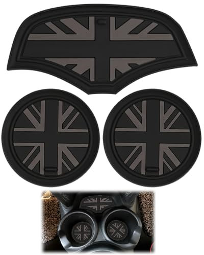 3Pcs Black Anti-Slip Silicone Car Cup Holder Coasters Flag Design, Vehicle Cup Holder Insert Accessories Non Slip Cup Mats for Mini Cooper F55/F56/F60/Mini Series
