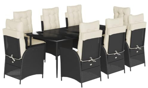 vidaXL Garten Essgruppe 9-TLG., Gartenmöbel Set Tisch mit 8 Stühle, Gartengarnitur mit Kissen, Sitzgruppe Essgarnitur Terrasse, Schwarz Poly Rattan