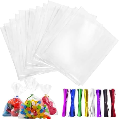 200 Stück Durchsichtige Cellophantüten 12x17 cm Süßigkeiten Geschenkbeutel mit 200 bunten Krawatten Geeignet klarsichttüten für Süssigkeit Chocolate Brot, Kekstüten Transparent Gebäcktüten