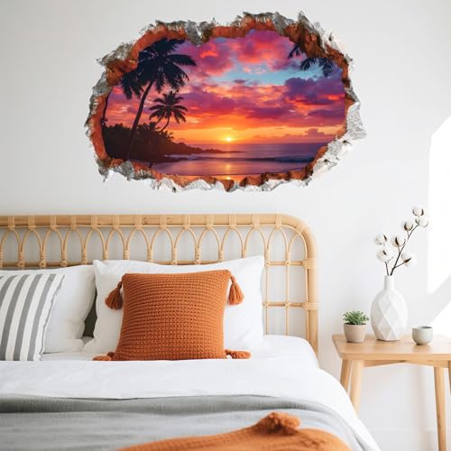 ANHUIB 3D Wandtattoo Sonnenuntergang Wandsticker Strand und Meer Selbstklebend Wandtattoo Badezimmer Wasserfest 3D Wandaufkleber Wohnzimmer Landschaft 85×56cm Schlafzimmer Flur Bad Aufkleber Wanddeko