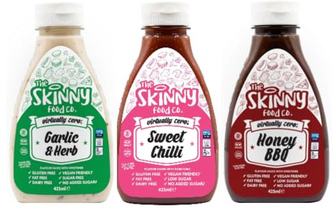 Skinny Garlic and Herb, Sweet Chilli, Honey BBQ Set of 3 Sugar Free Sauces. Zero Calories, 425ml