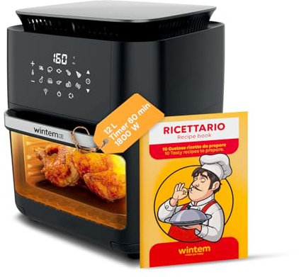 Wintem - TurboFry Friggitrice ad Aria XXL 12L con Display Touch, 12 Programmi, Accessori Inclusi e Ricettario per Cottura Senza Olio, Ideale per Grigliare, Arrostire e Cuocere in Modo Sano