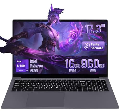 LONGEVINCE PC Portable 17.3 Pouces Ordinateur Portable ，Empreinte Digitale，16 Go RAM LPDDR4 + 960 Go SSD，Celeron N150，5000 mAh, 3 Ports USB 3.0，Cache Caméra,Laptop Gris。 (16GB+960G SSD)