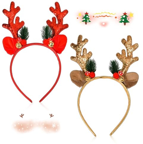 2 Stück Haarreif Weihnachten,Weihnachtshaarreifen Erwachsene,Haarreifen Weihnachts Rentier,Christmas Geweih Headband,Stirnband mit Antlers Reindeer,für Adventskalender Haarschmuck,Elk face Sticker