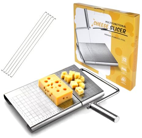 Upgraded Cheese Slicer with Heavy Duty Board & 5 Replacement Wires, Adjustable Stainless Steel Cheese Knife Cutter, Multipurpose for Block Cheese, Butter, Sausage, Ham, Durable Kitchen Gadget