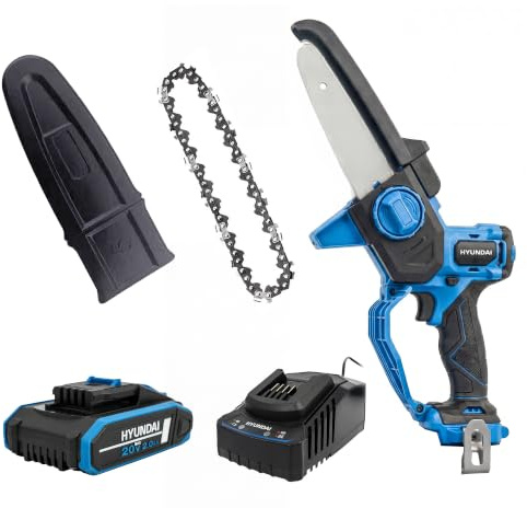 Hyundai 6” / 150mm 20V Cordless Mini Chainsaw, Brushless Motor, Auto Chain Oiling, Lightweight Pruning Saw, 2.0Ah Battery & Charger, 3 Year Warranty