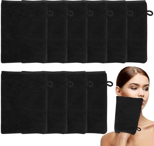 10 Pcs Facial Mitts, 15 x 21cm, Soft Bamboo Fiber, Highly Absorbent, Black | Wash Mitts Body and Face, Reusable, Microfibre, with Loop, for Makeup Remover, Bath, SPA, for Travel, Camping