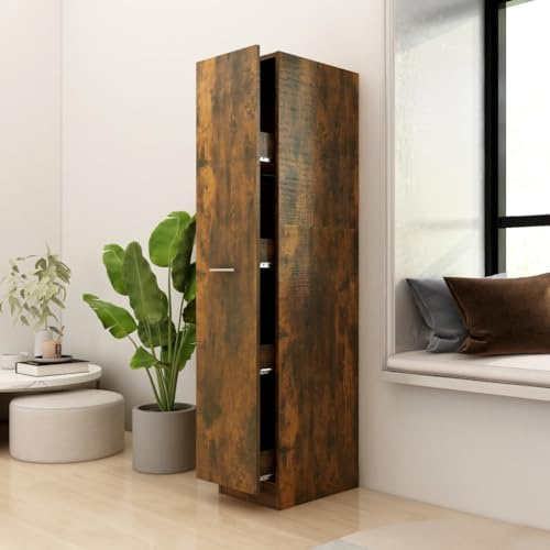 Weilusique Apothekerschrank Räuchereiche Holzwerkstoff 30x42,5x150 cm Hochschrank mit Schubladen, Fach, Tür und Einlegeboden, abschließbar, für Wohnzimmer, Büro, Flur, Küche, Keller