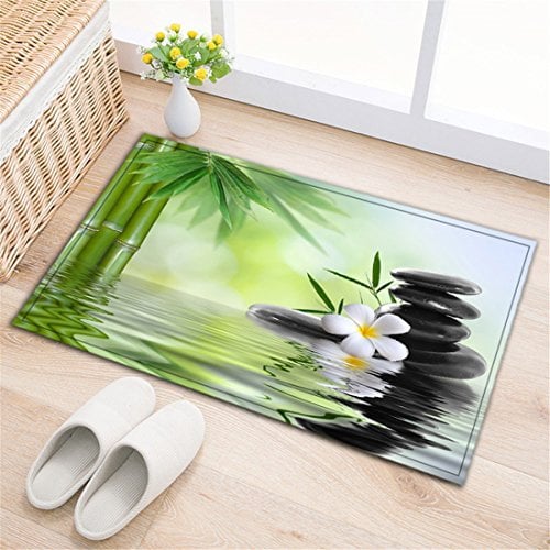 LB Spa Dekor Badezimmer Teppiche rutschfeste saugfähige Badematten weichen Duschvorleger Schwarze Steine ​aufgehäuft,weiße Orchideen,Bambus spiegelt Sich im Wasser