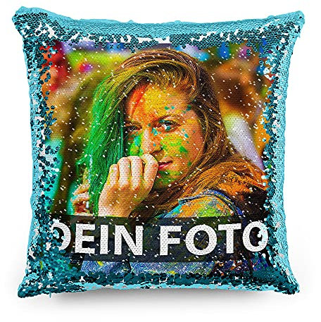 Tassendruck Foto-Kissen mit bedruckten blauen Wendepailletten Selbst gestalten (40 x 40 cm) - mit Foto individuell Bedruckt/Personalisierte Geschenk-Idee/Deko-Kissen inkl. Füllung