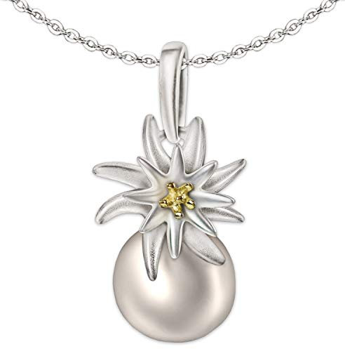 CLEVER SCHMUCK Damen Halskette Anhänger Edelweiß Blume auf Süßwasserperle 15 x 11 mm Kette Erbs 45 cm Sterling Silber 925 im Schmucketui anthrazit