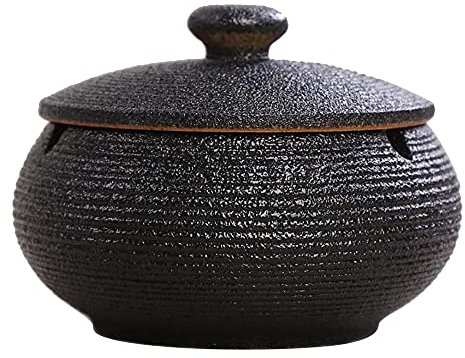 Windaschenbecher Schwarz Retro Keramik, Aschenbecher mit Deckel für Draußen, Tischabfalleimer für draußen Einfachheit Aschenbecher für Zuhause und Büro Dekoration (11.5X8.5cm)