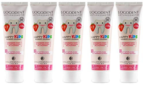 LOGODENT Kinder Zahngel Erdbeere (5x50 ml), natürliche Wirkstoffkombination aus Erdbeer-Aroma und Bio-Kamille, Bio Zahnpasta, Vegan, Fluoridfrei, Naturkosmetik