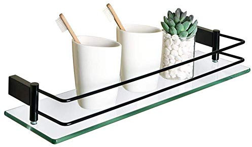 Sayayo Accessoires de salle de bains Accessoires de salle de bains Caddy de douche Tablettes en verre Étagère en verre trempé avec rail, Fixation murale 20 pouces, Acier inoxydable noir mat, EGC1000-B