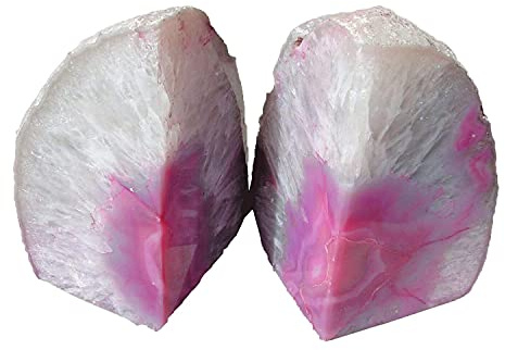 AMOYSTONE Buchstützen aus kleinen Achat, 9-1,4 kg, 1 Paar natürliche Kristalle, gefärbt, Rosa, dekorativer Buchstopper für Bücher, Filme, CDs Rose 2-3LBS