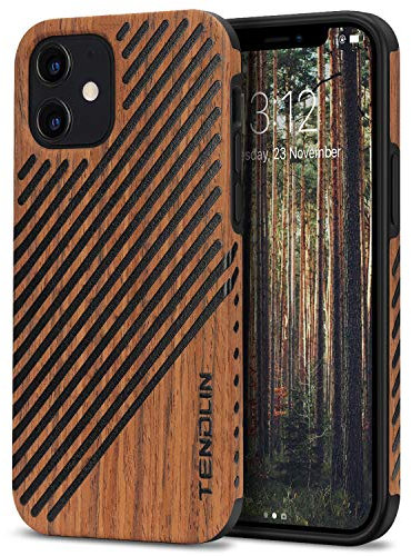 TENDLIN Coque iPhone 12 / Coque iPhone 12 Pro Etui en Bois et Cuir Compatible avec iPhone 12 et iPhone 12 Pro (Bois de Santal Rouge)