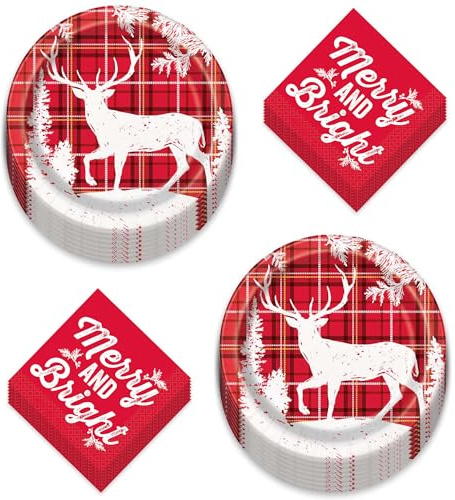 Platos de cena de papel de ciervos y servilletas de almuerzo de Navidad a cuadros rojos (sirve 16)