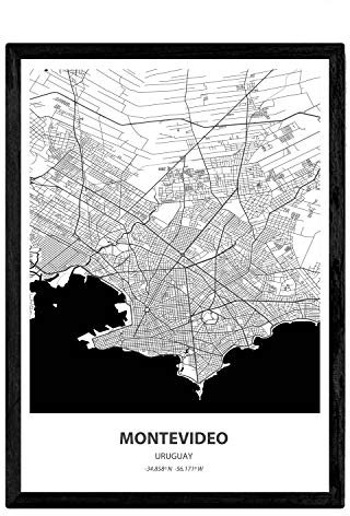 Nacnic Plakat mit Karte von Montevideo - Kanada. Blätter US-Städte mit Meeren und Flüssen in schwarzer Farbe. A4-Format
