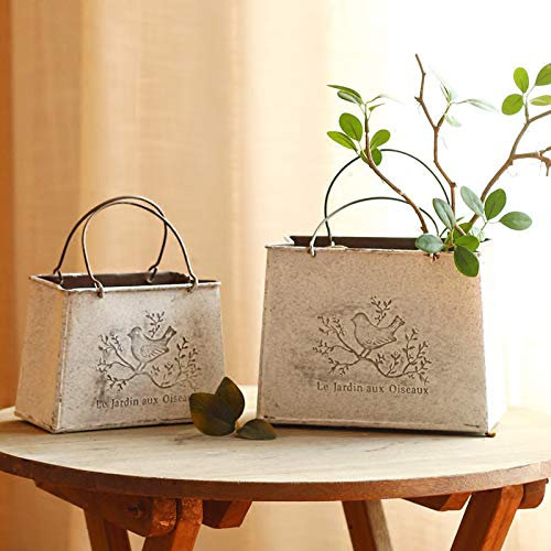 RISEON Set von 2 Stück Vintage Rustikal weiß verzinktes Metall Wand Pocket Pflanzgefäß, Flacher Eimer Metall Blumenvase mit Griff Landhaus Landhaus Dekor Blumenhalter Topf für Haus Innen Außen Garten