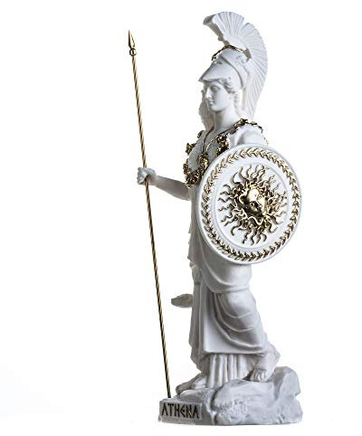 BeautifulGreekStatues Athena mit Eule, Medusa mit Schild, griechische Göttin, Alabaster, Weiß mit goldenen Details, 37 cm