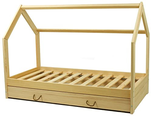 Velinda Kinderbett mit Schublade Hausbett Einzelbett Spielbett Schubkastenbett 160x80cm (Farbe: naturfarben)