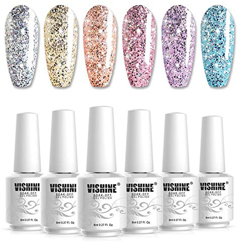 Visine UV Nagellack, UV LED Glitzer Gellack mehrfarbig ablösbarer Gel Nagellack Gel Polish Set - Farbgel Set für Nagel Design Geschenkset 6 x 8ml