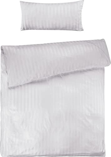 Pure Label Mako Satin Damast Streifen Bettwäsche weiß 155x220 cm mit Kissenbezug 40x80 cm aus 100% Baumwolle | Traumhaft weiches Mako Satin Bettwäsche Set in Uni