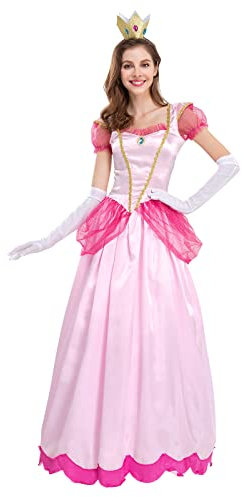 IMEKIS Costume d'aurore pour femme - Robe longue en tulle avec gants - Robe de conte de fées pour adulte - Princesse - Noël, carnaval, cosplay, fête, rose, M