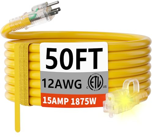 12/3 Gauge Heavy Duty Outdoor Extension Cord 50 ft Waterproof with Lighted end, Flexible Cold-Resistant 3 Prong Electric Cord Outside, 15Amp 1875W 12AWG SJTW, Yellow, ETL HUANCHAIN