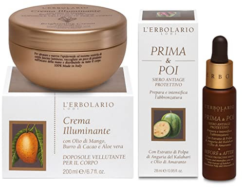 Erbolario - Pacchetto DOPOSOLE ILLUMINANTE - Crema DopoSole Illuminante Corpo 200 ml + Prima & Poi Siero Preparatore d'Abbronzatura 28 ml - Solari